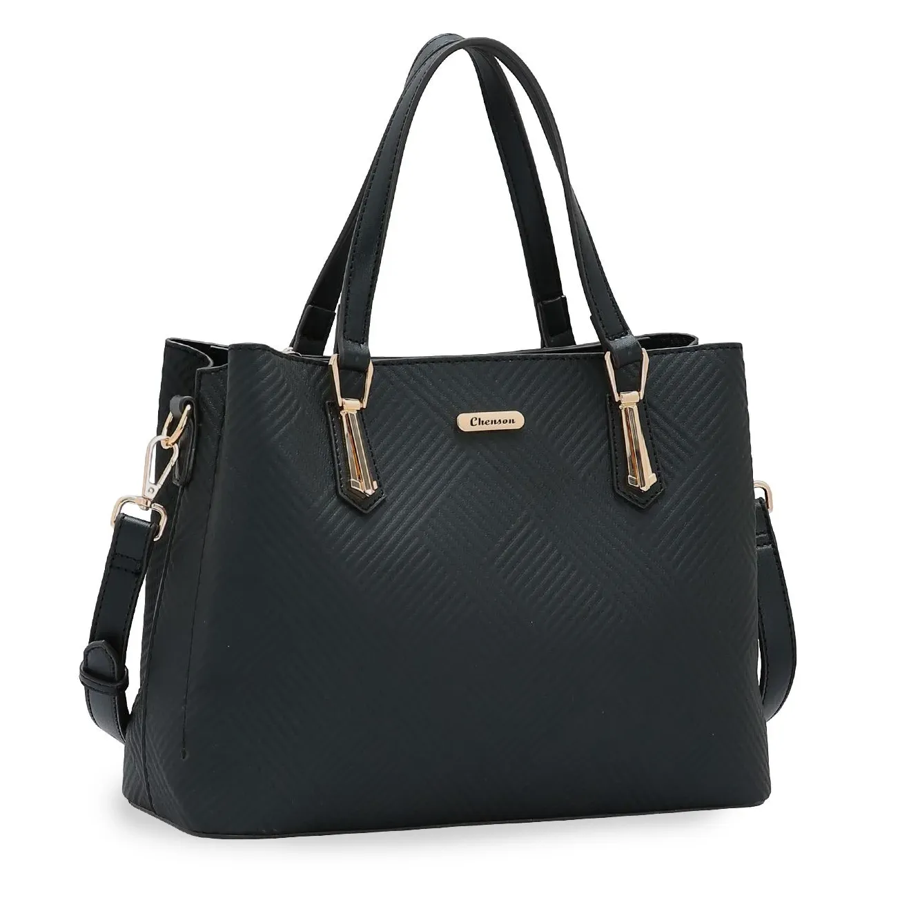 Bolsa tote feminina Chenson Clássico Soft preta com textura geométrica em relevo, vista frontal com alças e detalhes metálicos dourados
